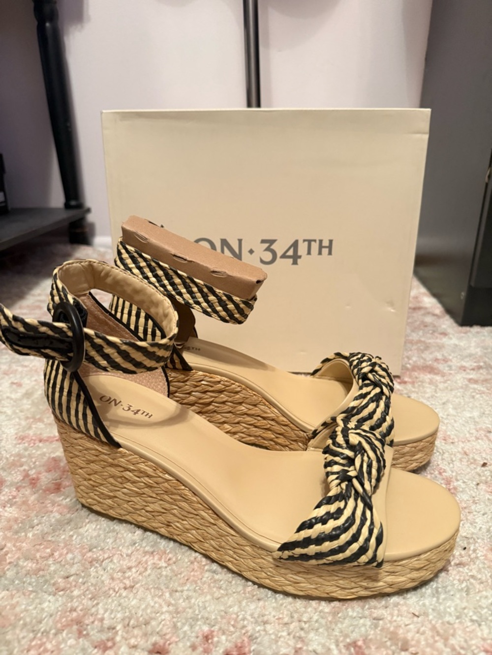 Black & Natural Striped Rope Wedge Sandals